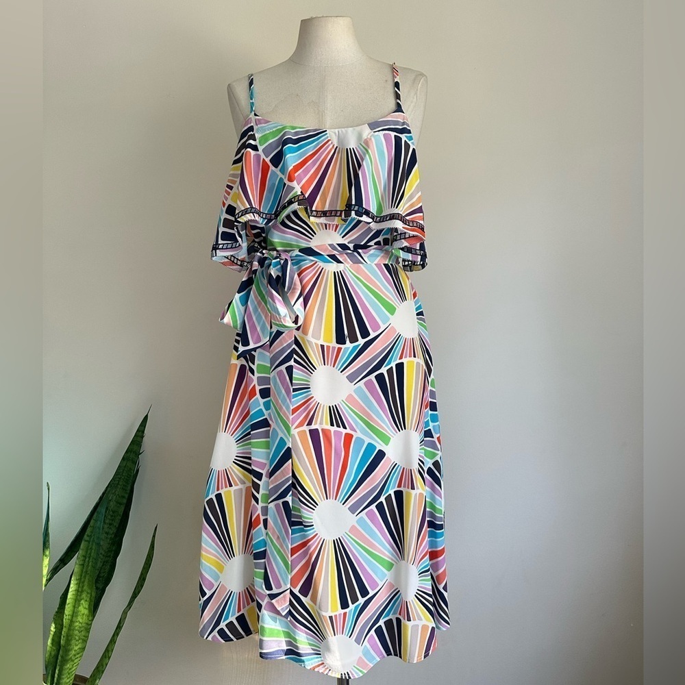 Trina Turk SILK BELTED Ruffle Retro Lined MIDI Dress sz Medium - Picture 7 of 9